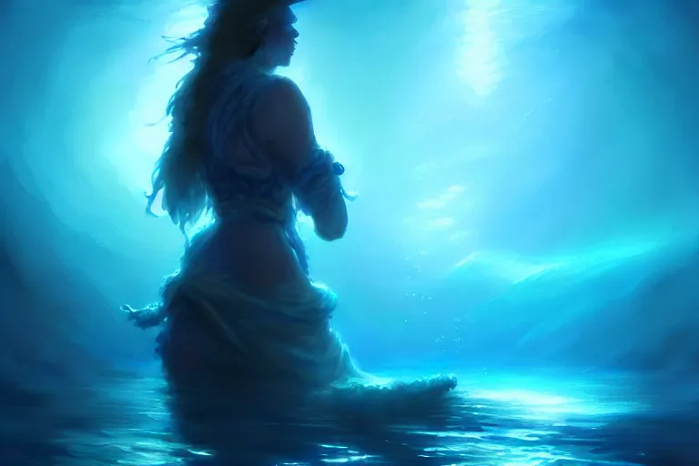 Prompt: talking to one spirit pirate ghost underwater, concept art, beautiful blue lights, d & d, fantasy, highly detailed, masterpiece, volumetric lighting, digital painting, artstation, smooth, sharp focus, illustration, art by artgerm, by greg rutkowski