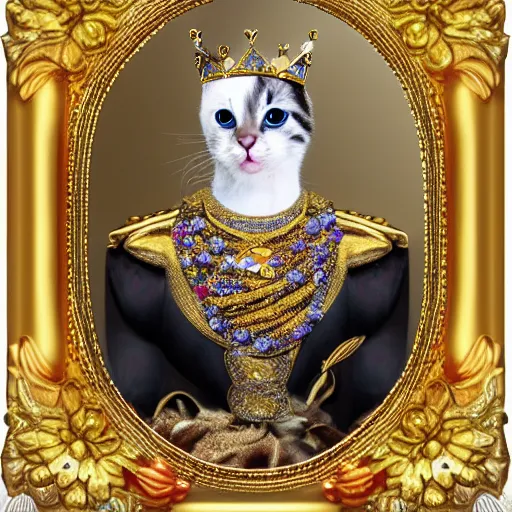 Prompt: a kitten emperor adorned in jewels. hyper realistic, king, gold crown, portrait