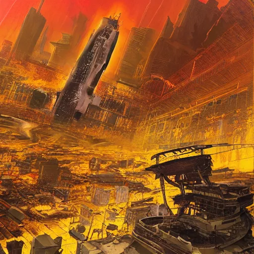 Prompt: A beautiful digital art of a city in ruins. The dominant colors are yellows, oranges and reds, giving the impression of a fiery, destroyed landscape. In the center of the image is a large, looming spaceship, adding to the feeling of unease and despair. platinum, double exposure by Paul Fusco, by J.C. Leyendecker tired, dull