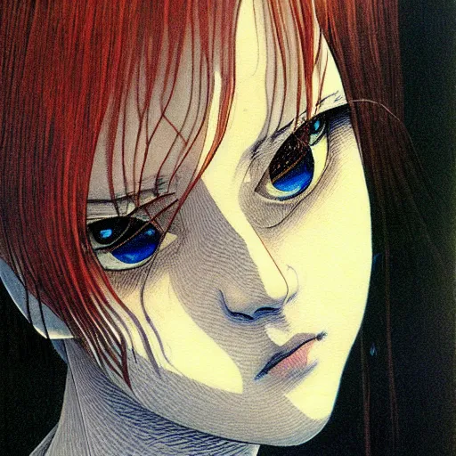 Image similar to prompt: Fragile looking vessel portrait face drawn by Katsuhiro Otomo, nymph in the water performing alchemy, intricate oil painting, soft dark light, intricate detail, intricate oil painting detail, sharp high detail, manga and anime 2000