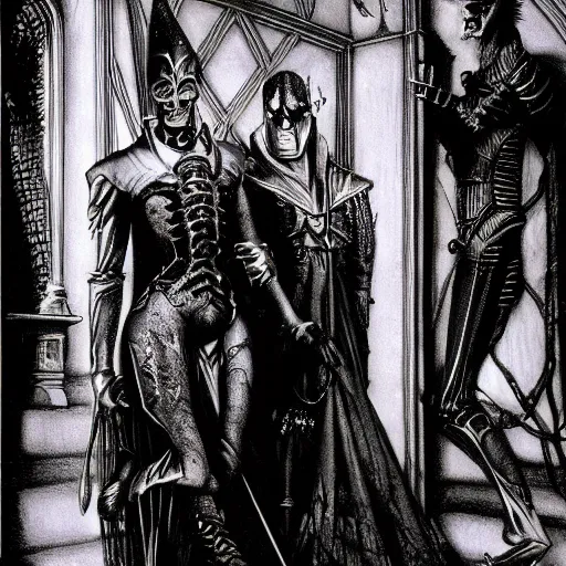 Image similar to Strahd von Zarovich taking Ireena, dramatic, realistic, detailed, wide shot, by H. R. Giger