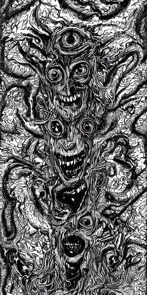 Image similar to a mad chaotic monster with two sharp heads that look sternly at each other, it has several eyes and scales on the misshapen body, psychedelic cosmic horror