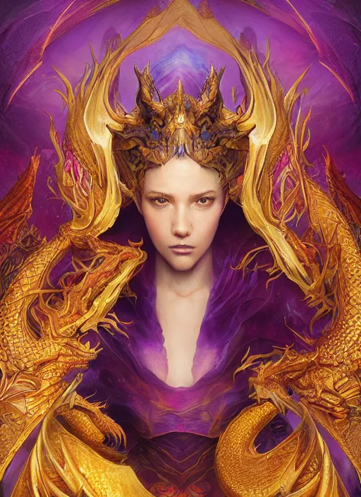 Prompt: octane render, a hyper detailed octane render of portrait of dragon, by xision, dan mumford and kerem beyit, sandara tang ， ellen jewett, sacred ; cloud, silk,, sacred, religion, artstation, magnificence, shimmer, purple detail, mysterious, gold paper with detailed line work, golden ratio