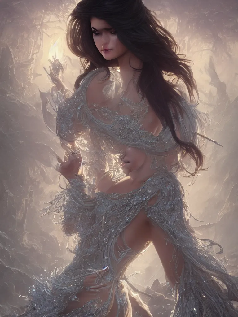 Image similar to Selena Gomez casting an frost spell, D&D, fantasy, intricate, elegant, highly detailed, digital painting, artstation, concept art, matte, sharp focus, illustration, hearthstone, art by Artgerm and Greg Rutkowski and Alphonse Mucha