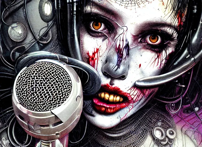 Image similar to a dream microphone in a dystopic world full of aberration, black & white, melting, webbing, 8 k, by tristan eaton, stanley artgerm, tom bagshaw, greg rutkowski, carne griffiths, ayami kojima, beksinski, giger, trending on deviantart, face enhance, hyper detailed, minimalist, horror, alien