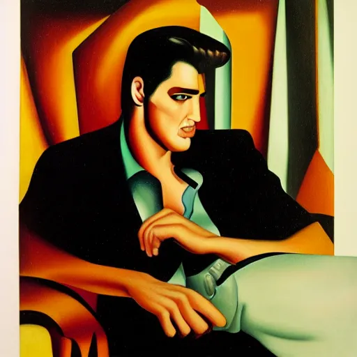 Image similar to portrait of elvis presley, by tamara de lempicka