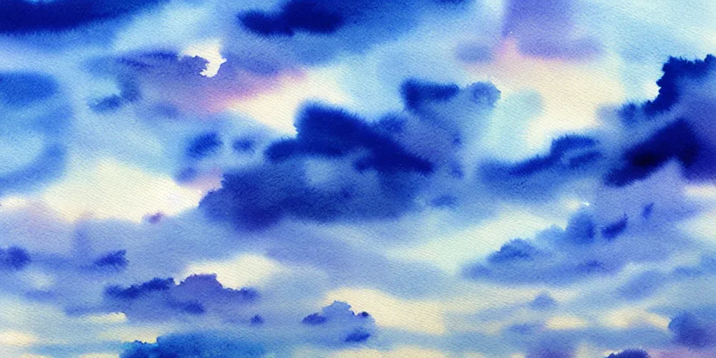 Image similar to beautiful cloudy sky, watercolor painting, immersive, dreamy, blueish, uhd, 8 k, art