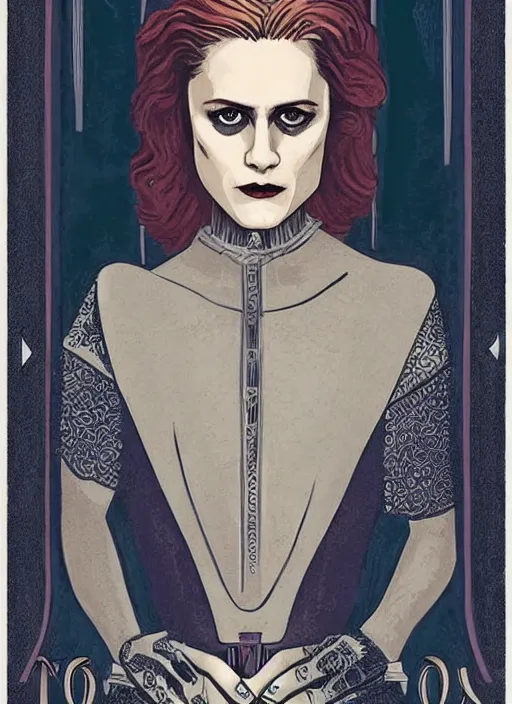 Image similar to tarot card of dolores ( evan rachel wood ) from westworld, beautiful portrait, steelblue dress, elegant, clear clean face, sam guay style