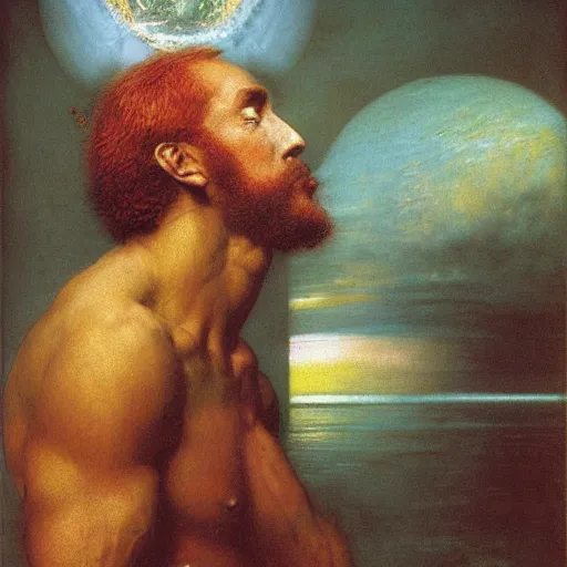 Prompt: A vedalken engineer, by Noriyoshi Ohrai, George Frederic Watts, Opticalfiber, Bird's Eye, Vaporwave, 1960s, New Realism