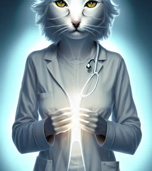 Image similar to symmetry!! anthropomorphic cat doctor in a white coat holding x ray film, solid cube of light, hard edges, intricate, elegant, highly detailed, digital painting, artstation, concept art, smooth, sharp focus, illustration, dreamlike, art by artgerm