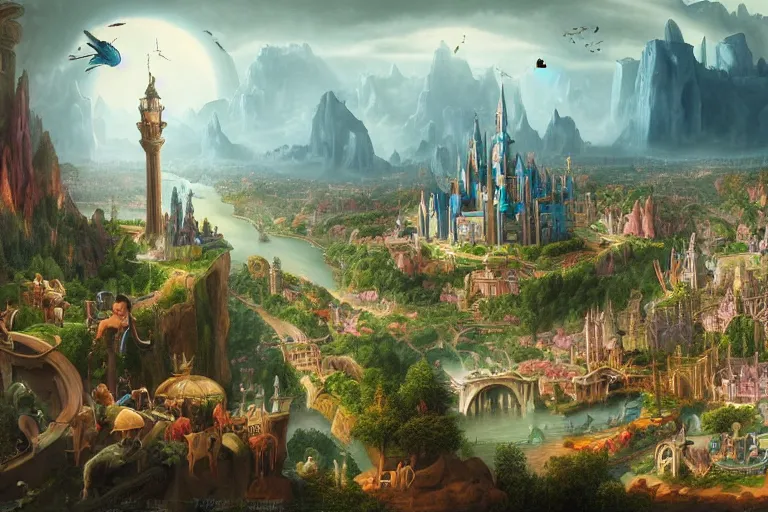 Image similar to a fantastic complex detailed matte painting of a magical city with many fanciful creatures by Heironymous Bosch