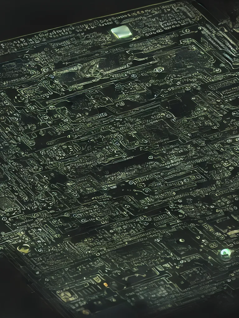 Image similar to big technology, intricate circuit board, cpu, bios chip, led, lcd display, integrated circuits, cmos, capacitors, intricate concept art matte painting, cyberspace, nature grotesque dark