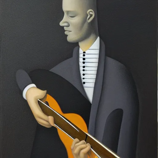 Image similar to a painting of a man playing the guitar by gertrude abercrombie. precisionism, surrealism, dark, low contrast, featured on pixiv, art on instagram, detailed painting