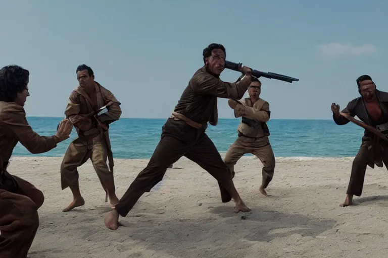 Image similar to film still of the best fight scene from the new pacific movie, set in dubai