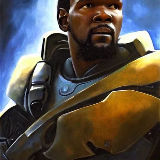 Image similar to ultra realistic portrait painting of kevin durant as master chief, art by frank frazetta, 4 k, ultra realistic, highly detailed, epic lighting