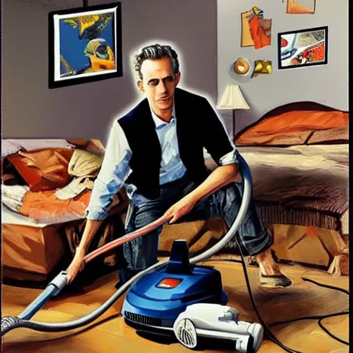 Prompt: Jordan Peterson cleans his room with a vacuum, motivational poster, inspirational art, high detail, realistic, mid shot, open