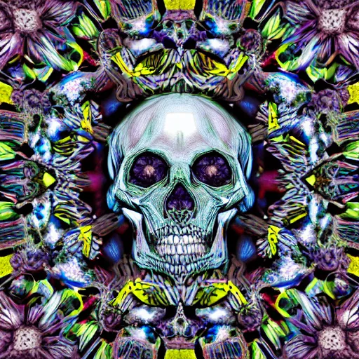 Image similar to kaleidoscope of hands, skulls, flowers, high detail, award winning, (chromatic aberration) high contrast, digital painting, concept art, texture