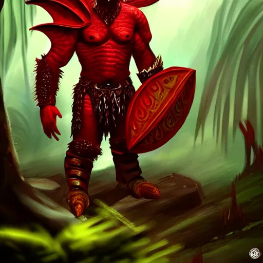 Prompt: A dragonborn with red scales and wings, wearing viking armor, in a rainforest, trending on artstation