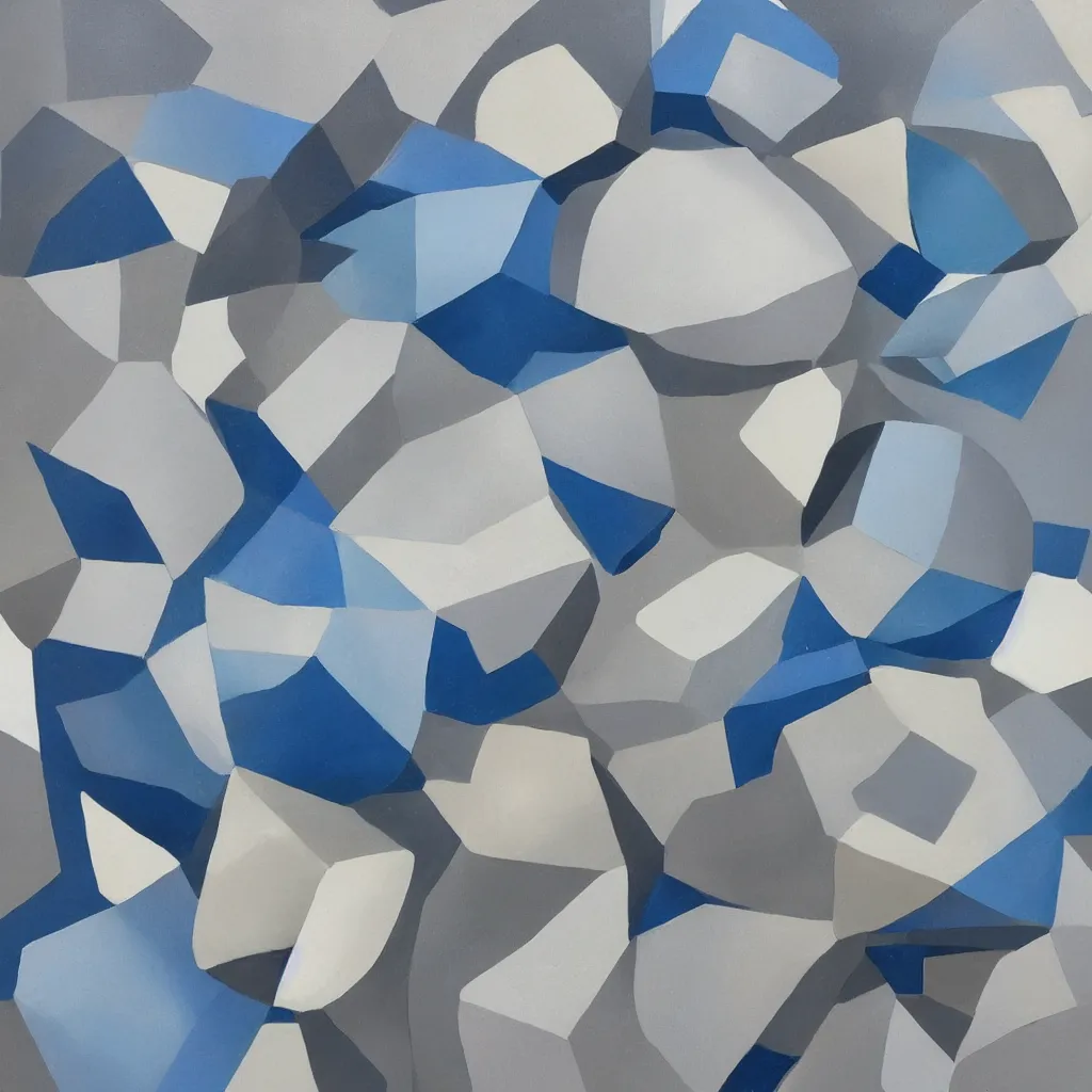 Prompt: 3 dimensional solid large globular geometric 3 d shapes made of solid impasto oil paint, with strong top right lighting creating shadows, colours cream and blue - grey