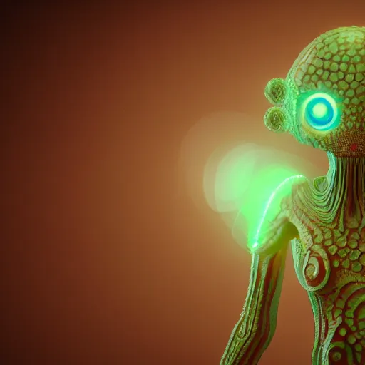 Image similar to a fractal alien humanoid with a thousand eyeballs, octane render, 4 k, 3 d, ultra realistic