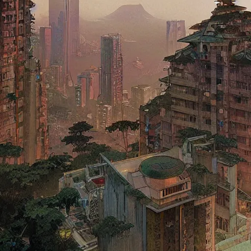 Image similar to view from distant balcony of ancient decaying art deco arcology with studio ghibli wooden homeless Hong Kong built around it, science fiction concept art by greg rutkowski and wayne barlowe and alphonse mucha