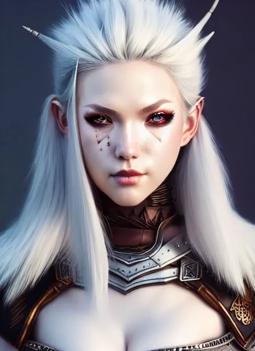 Image similar to barbarian, fur leather armor!!! beautiful and elegant white hair female!! gorgeous ayes!! character concept art, sharp focus, octane render! unreal engine 5! highly rendered!! trending on artstation!! detailed linework!! illustration by artgerm, wlop, and chie yoshii