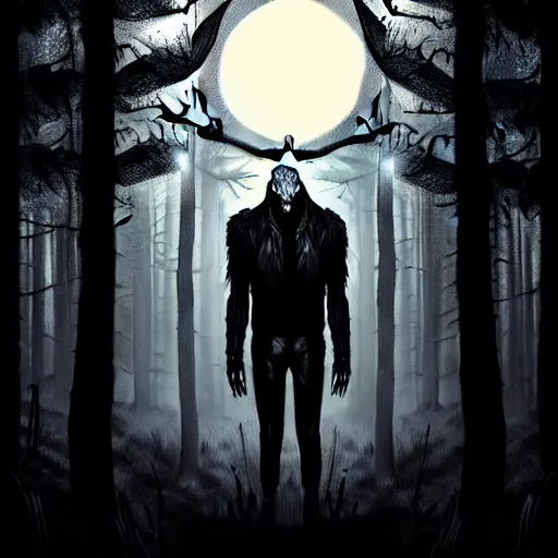 Prompt: in the style of artgerm, steve niles, rafael albuquerque, wendigo in the forest emerging from the shadows, deer skull face, antlers, fog, full moon, moody lighting, horror scary terror