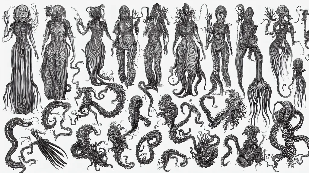 Image similar to vector, highly detailed colorful character sheet for a stocky alien extraterrestrial victorian female servant maid with thick snake - like tentacles instead of hair, long dress with apron, ernst haeckel, jim henson creature shop, coherent, illustration, digital art, trending on artstation, hd, 8 k, good lighting, beautiful, rough paper, masterpiece