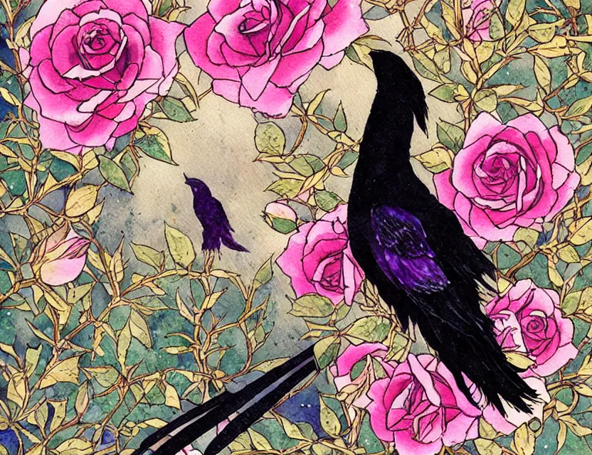 Prompt: faerie raven in a rose garden courtyard. this watercolor and gold leaf work by the award - winning mangaka has a beautiful composition and intricate details.