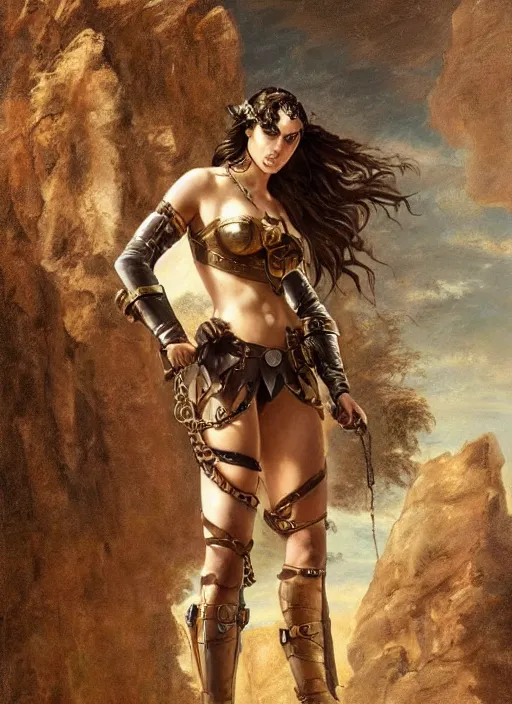 Prompt: oil painting of a highly detailed steampunk gal gadot in handcuffs while standing on a rock : leonardo da vinci, greg rutkowski, magali villeneuve