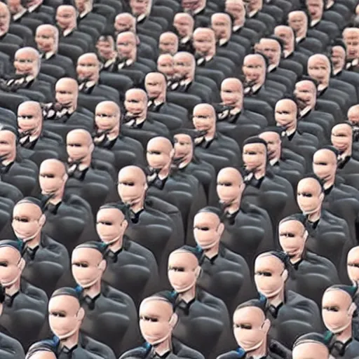 Prompt: photo of an army of human clones