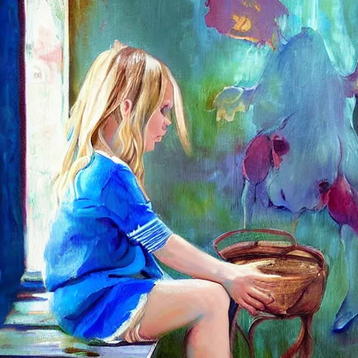 Image similar to A beautiful painting of a small girl with blonde hair, blue eyes, and a white dress sitting on a stool with her feet in a bucket of water. She has a serious look on her face as she stares at the water. cow print by Raymond Swanland, by Charles Camoin insane