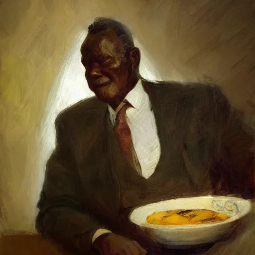 Image similar to a painting of a well fed thinker, thoughtful, focused, visionary, calm, jovial, loving, fatherly, generous, elegant well fed elder with few eyebrows and his on from Kenya by Henry Ossawa Tanner . dramatic angle, ethereal lights, details, smooth, sharp focus, illustration, realistic, cinematic, artstation, award winning, rgb , unreal engine, octane render, cinematic light, macro, depth of field, blur, red light and clouds from the back, highly detailed epic cinematic concept art CG render made in Maya, Blender and Photoshop, octane render, excellent composition, dynamic dramatic cinematic lighting, aesthetic, very inspirational, arthouse.