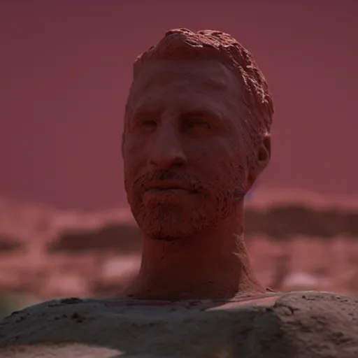 Prompt: cinematic still of a gust of wind blowing red clay into the shape of a red clay sculpture of 30 year old middle eastern man head and shoulders, strong, muscular, mysterious, fantastical, miraculous, epic, light rays, cinematic, Biblical epic directed by Steven Spielberg