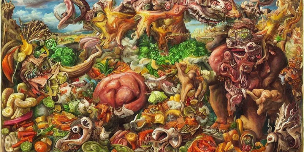 Prompt: a high detailed painting of a monster made of meat, chicken and junk food fighting a monster made of vegetables and fruits, surrealism, magic realism bizarre art