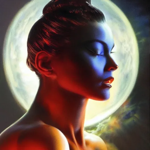 Image similar to ultra realistic medium shot head and shoulders masterpiece portrait painting of the moonbow queen, cosmic horror, artstation, art by frank frazetta, 4 k, ultra realistic, highly detailed, epic lighting