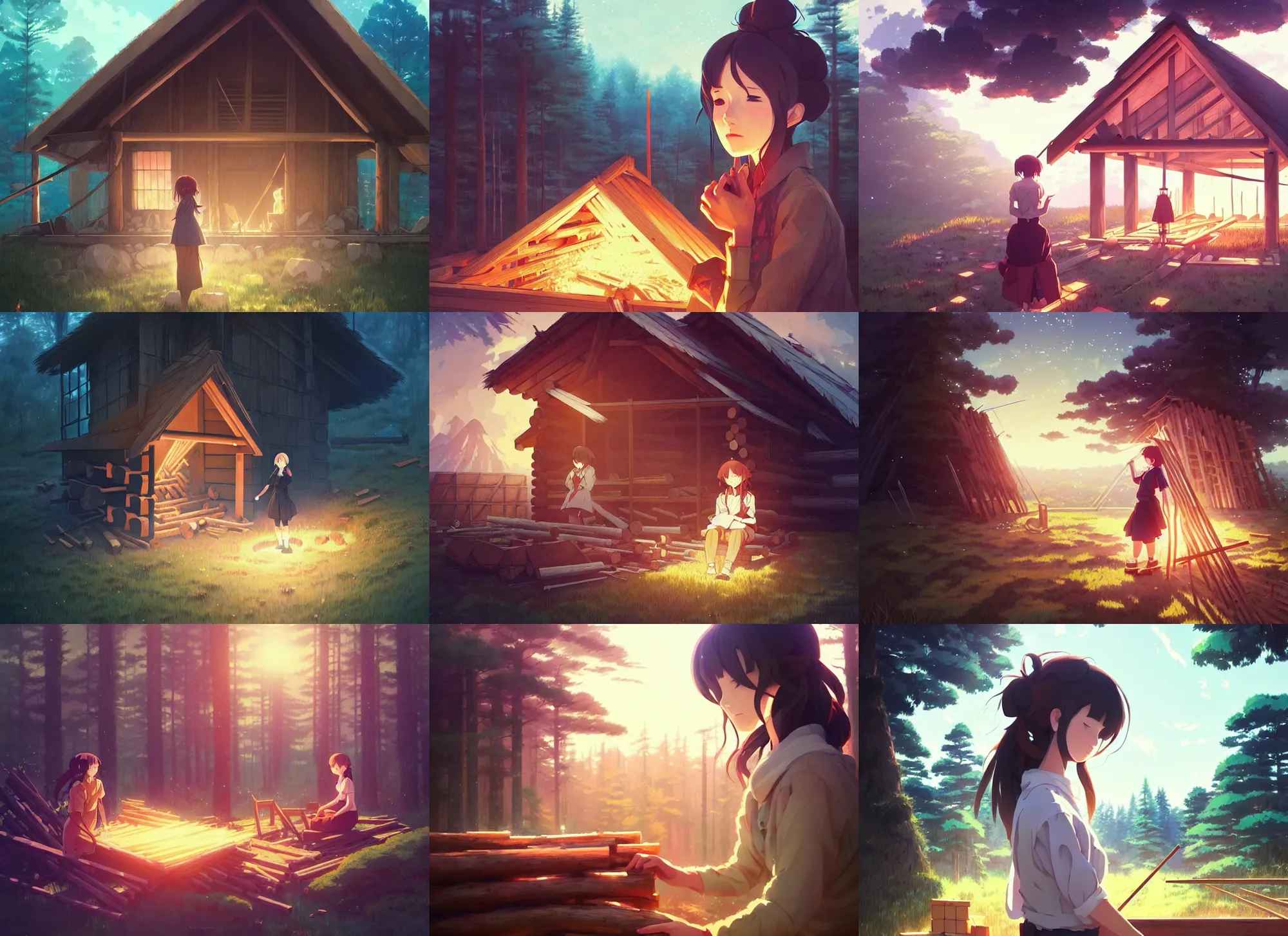 Prompt: portrait of a woman building a log cabin, illustration concept art anime key visual, very trippy and abstract, trending pixiv fanbox by wlop and greg rutkowski and makoto shinkai and studio ghibli and kyoto animation