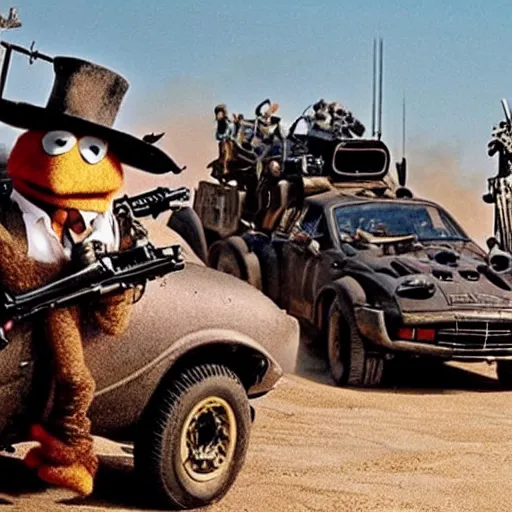 Image similar to the Muppets: mad max, lots of guns, photo