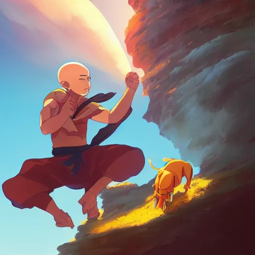 Image similar to aang from avatar the last airbender riding appa, sunset, behance hd by jesper ejsing, by rhads, makoto shinkai and lois van baarle, ilya kuvshinov, rossdraws radiating a glowing aura global illumination ray tracing hdr