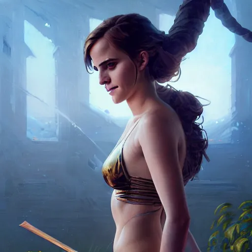 Image similar to highly detailed painting of emma watson wearing a bikini knight armor, stephen bliss, 8 k, by greg rutkowski, loish, rhads, artgerm, ferdinand knab, makoto shinkai and lois van baarle, ilya kuvshinov, rossdraws, global illumination, radiant light, detailed and intricate environment