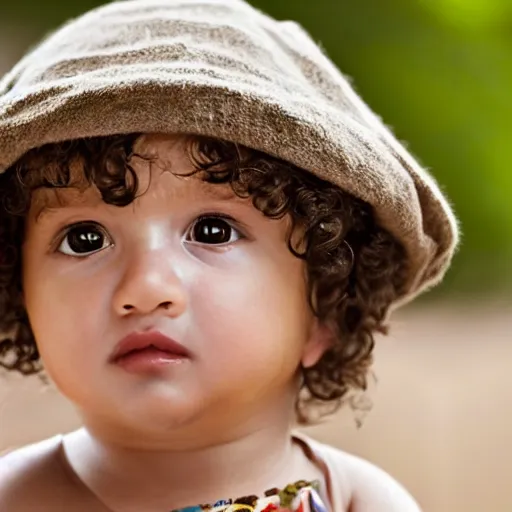 Image similar to a close up portrait of a cute baby with brown eyes and long brown curly hair, award winning photography, ultra high detail, hd, 8k, by Martin Schoeller