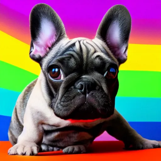 Image similar to rainbow excited smiling french bulldog puppy. pop art.