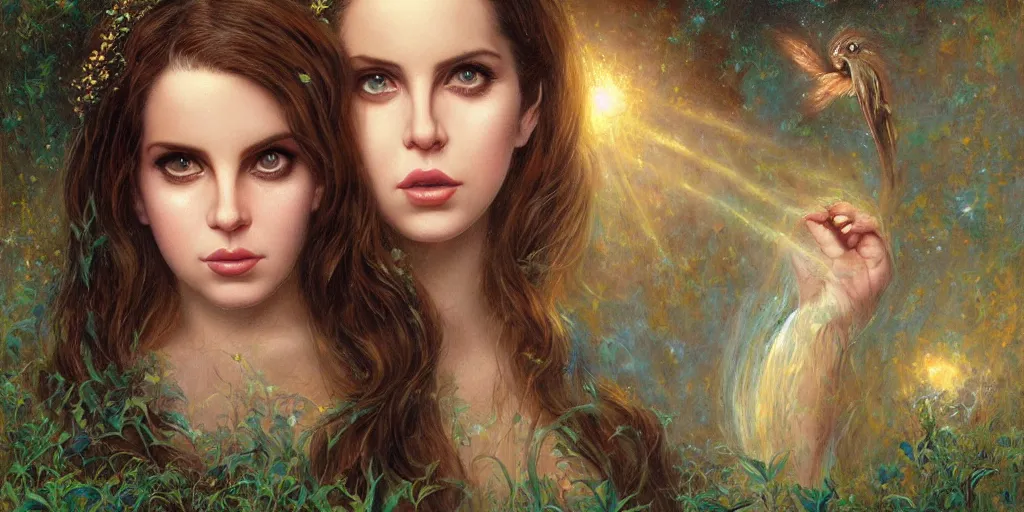 Image similar to big-eyed Lana Del Rey staring into the camera, sundown misty firefly wisps, Lilia Alvarado, Sophie Anderson, Mark Arian, Bob Byerley, Charlie Bowater, Mark Brooks, Steve Henderson, Justin Gerard, Arthur Hughes, Edward Robert Hughes, Mark Keathley, Victor Nizovtsev, Carlos Shwabe, Ross Tran, WLOP