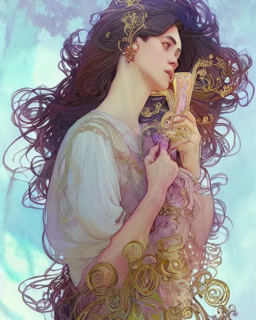 Image similar to secret romance, highly detailed, gold filigree, romantic storybook fantasy, soft cinematic lighting, award, disney concept art watercolor illustration by mandy jurgens and alphonse mucha and alena aenami, pastel color palette, featured on artstation