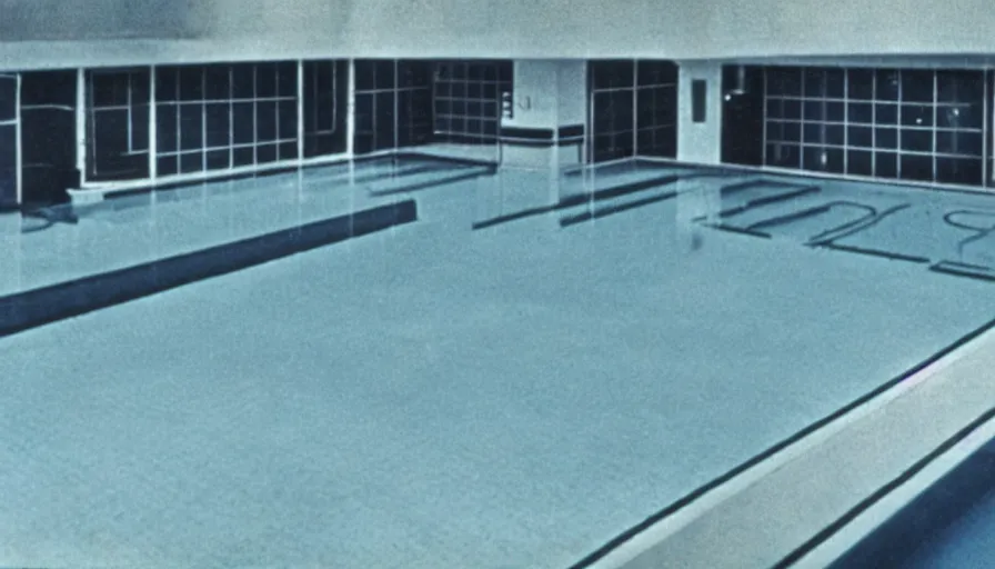 Image similar to 1 9 6 0 s movie still of empty blue tiles swimmingpool, low quality, liminal space style