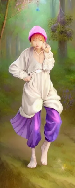 Image similar to Full View of a mysterious kpop fairy maidens with short blond hair wearing an oversized purple Beret, Baggy Purple overall shorts, Short Puffy pants made of silk, silk shoes, a big billowy scarf, Golden Ribbons, white leggings Covered in stars. Short Hair. peasant magic. masterpiece 4k digital illustration by Ruan Jia and Mandy Jurgens and Artgerm and william-adolphe bouguereau, award winning, Artstation, art nouveau aesthetic, Alphonse Mucha background, intricate details, realistic, panoramic view, Hyperdetailed, 8k resolution, intricate art nouveau, smooth, sharp focus