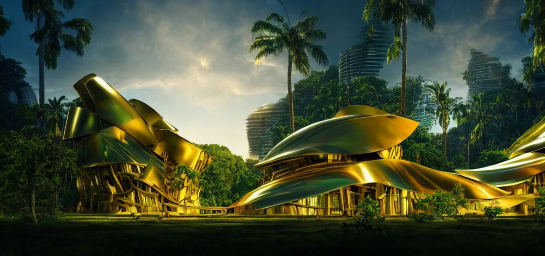 Prompt: futuristic shinny golden iridiscent mirror building in an jungle landscape of a biopunk city by frank gehry and zaha hadid, movie poster, golden ratio, evening lighting, film still, realistic, octane render redshift arnold materials unreal engine, 8 k post production, hyper detailed