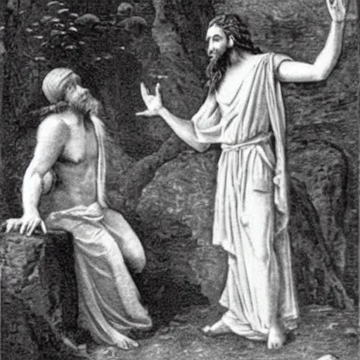 Image similar to candid photo of a druid wearing white linen robes casting a magical circle while speaking to a satyr, photo from 8 4 7 bc