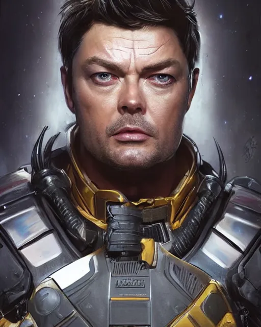 Prompt: Super Powered Karl Urban as an Apex Legends character digital illustration portrait design by, Mark Brooks and Brad Kunkle detailed, gorgeous lighting, wide angle action dynamic portrait