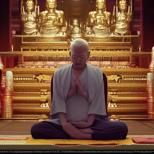 Prompt: a high detail shot of Donald Trump meditating in a Buddhist Temple, render, cgsociety, photorealism